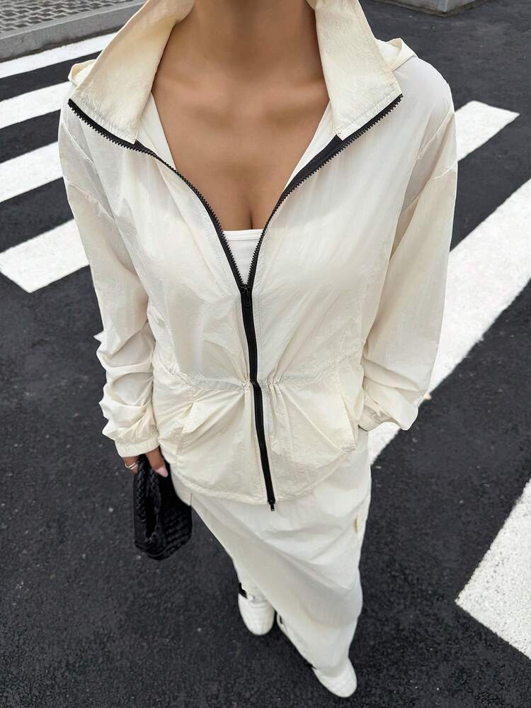 Women's Loose Hooded Zip-Up Jacket And A-Line Skirt Set, Color Block, Casual Vacation Summer Outfit