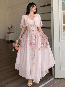 Modelyn 女士V领披肩式设计收腰喇叭形印花雪纺连衣裙 - 淺粉色 - 查看 5