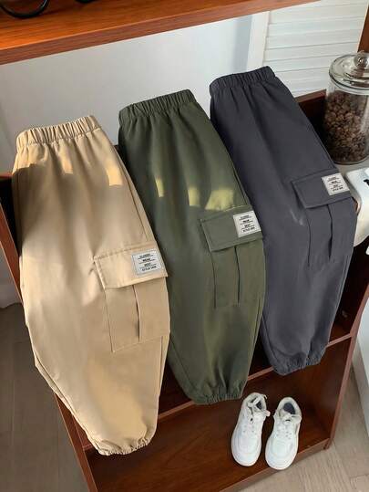 SHEIN Bộ 3 quần jogger thể thao thường ngày cho bé trai, kiểu dáng dễ thương, màu đen kẻ sọc trang trí, dáng rộng, màu xanh lá cây, đen, kaki, thích hợp mặc hàng ngày, đi học, đi chơi, thể thao, mùa xuân/hè/thu/đông.