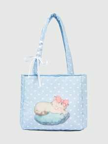 ROMWE Anime Tas Tote Bahu Wanita Portabel Kapasitas Besar Motif Kucing Cinta Biru dan Putih 1021427 - Bantal kucing - View 1