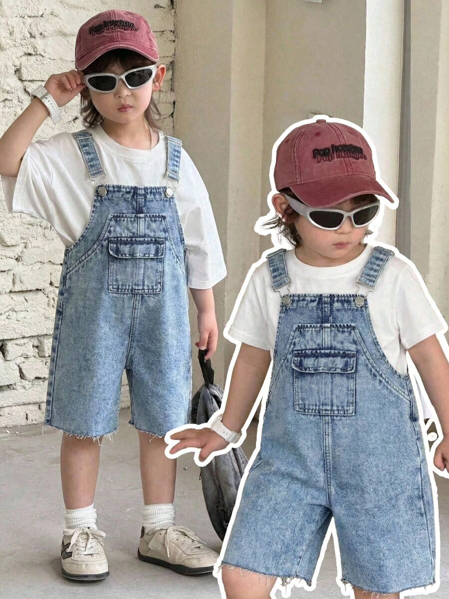 Young Boy Casual Blue Denim Bib Shorts With Pockets - Medium Wash - View 1