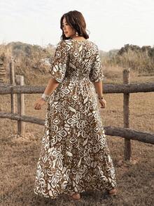 Ceyna 大码印花短袖休闲连衣裙 - 咖啡棕 - 查看 2