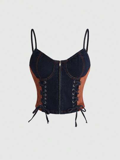 ROMWE Hippie 牛仔拼接麂皮嬉皮音乐节系带手工女式牛仔上衣