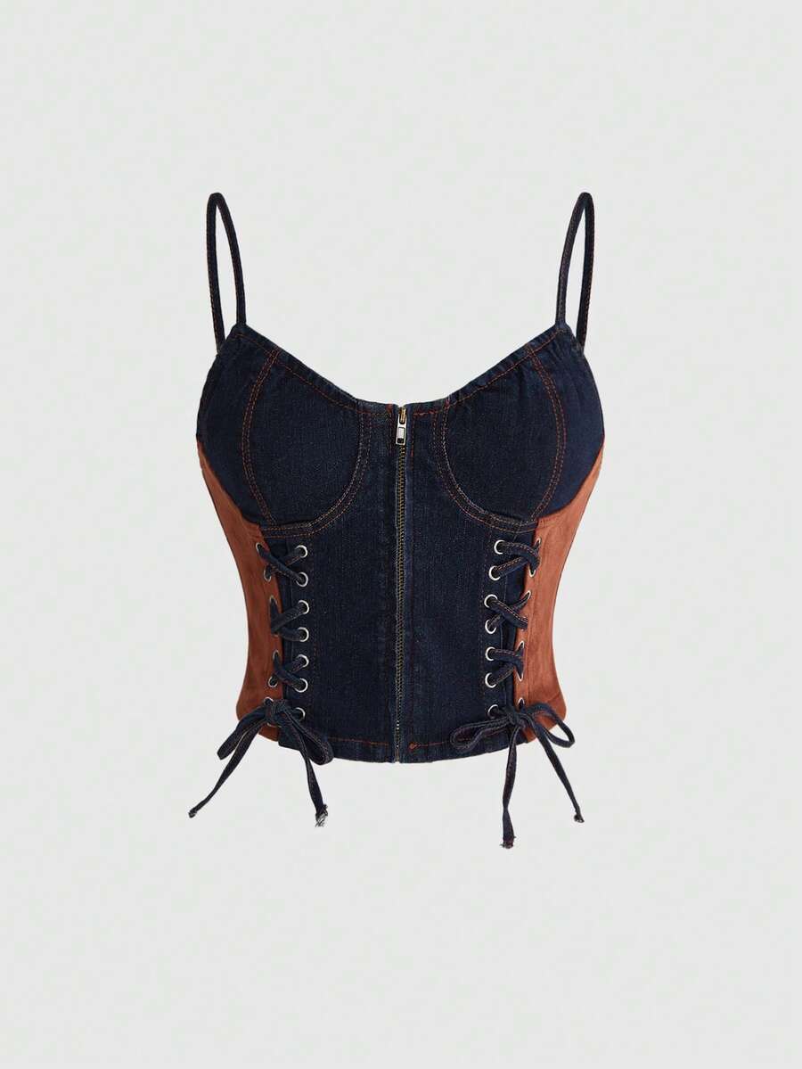 ROMWE Hippie 牛仔拼接麂皮嬉皮音乐节系带手工女式牛仔上衣 - 彩色 - 查看 1