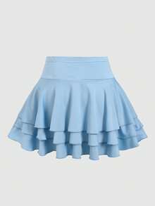 SHEIN 少女休閒街頭風瑜伽網球運動時尚層次荷葉邊設計內建內搭褲防走光純色裙 - 藍色 - 查看 6