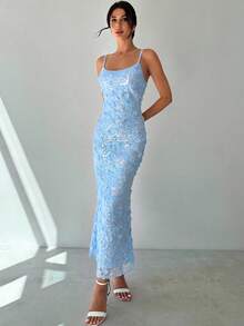 Firerie 女士优雅派对鸡尾酒礼服，浪漫度假装，蓝绿色亮片刺绣吊带裙，拉链设计，修身剪裁，后开衩裙摆，长款，适合夏秋穿着 - 藍色 - 查看 6