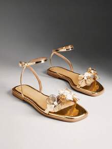 Solezae Sandal đế bằng quai ngang mắt cá chân họa tiết hoa, thời trang và thoải mái dành cho nữ. - Vàng - Xem 5