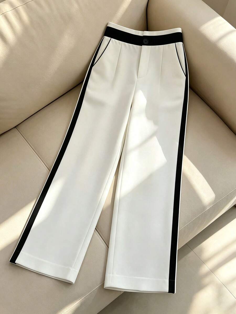 SHEIN PariChic 女士Y2K美学白色缎面长裤，甜美清新风格黑色滚边阔腿裤，黑白拼接长裤 - 白色 - 查看 1