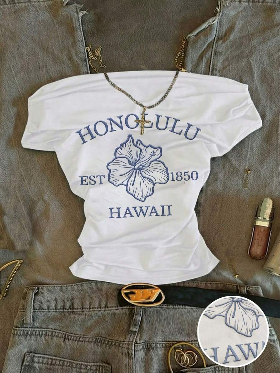 Attitoon Women's Casual Ruched Waist Off-Shoulder Tight Fitting Short Sleeve White T-Shirt, Suitable For Summer,Summer Top - White - View 1