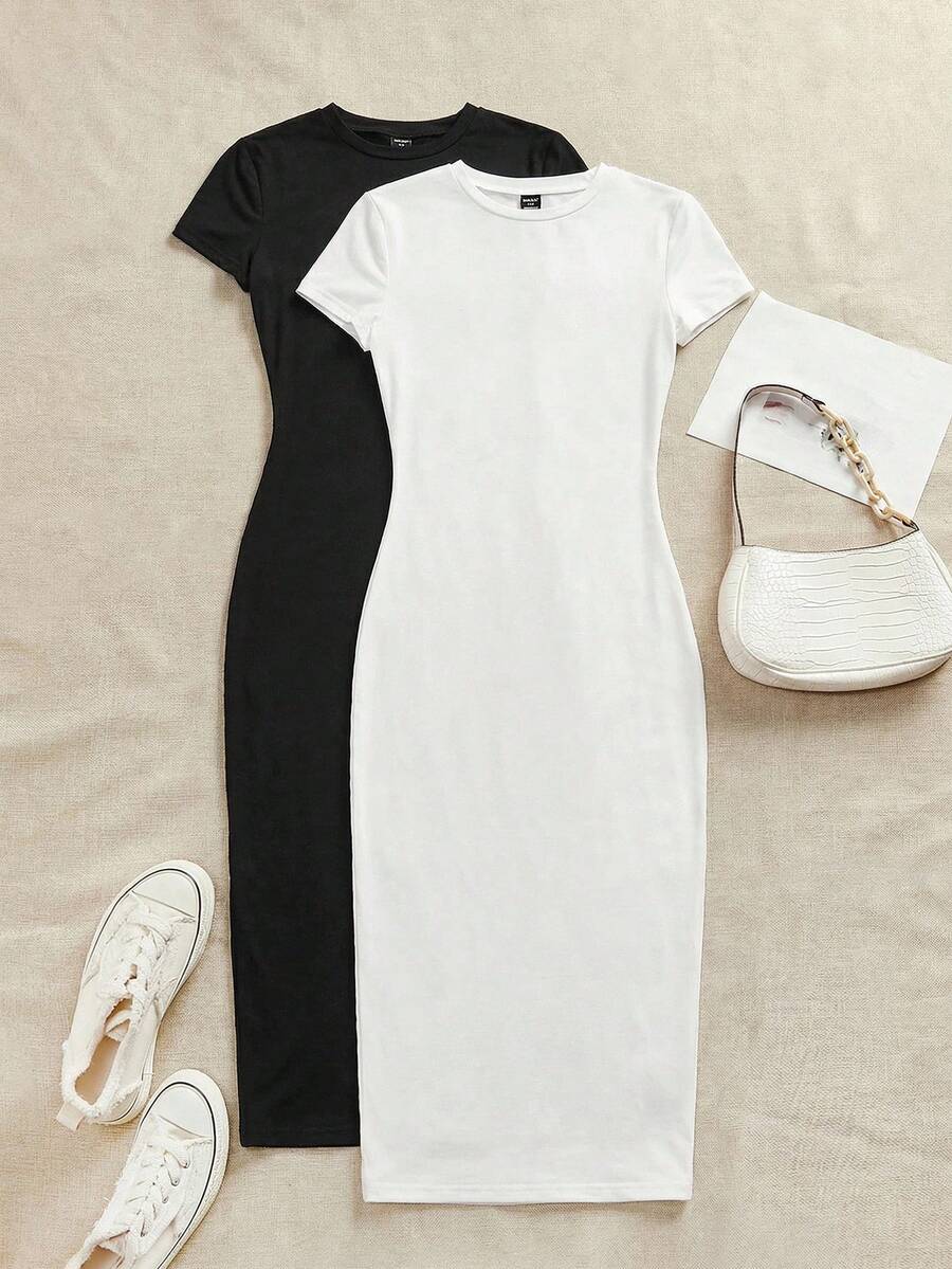 SHEIN EZwear 两件套休闲简约短袖圆领修身中长连衣裙,适合春夏穿着 - 彩色 - 查看 1