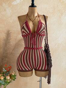 Soleia Women's Halter Strap Striped Tie-Up Fashionable Summer Jumpsuit - Multicolor - View 3