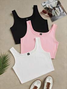 SHEIN EZwear 3件套加大码女式休闲纯色圆领背心，适合夏季穿着 - 彩色 - 查看 1