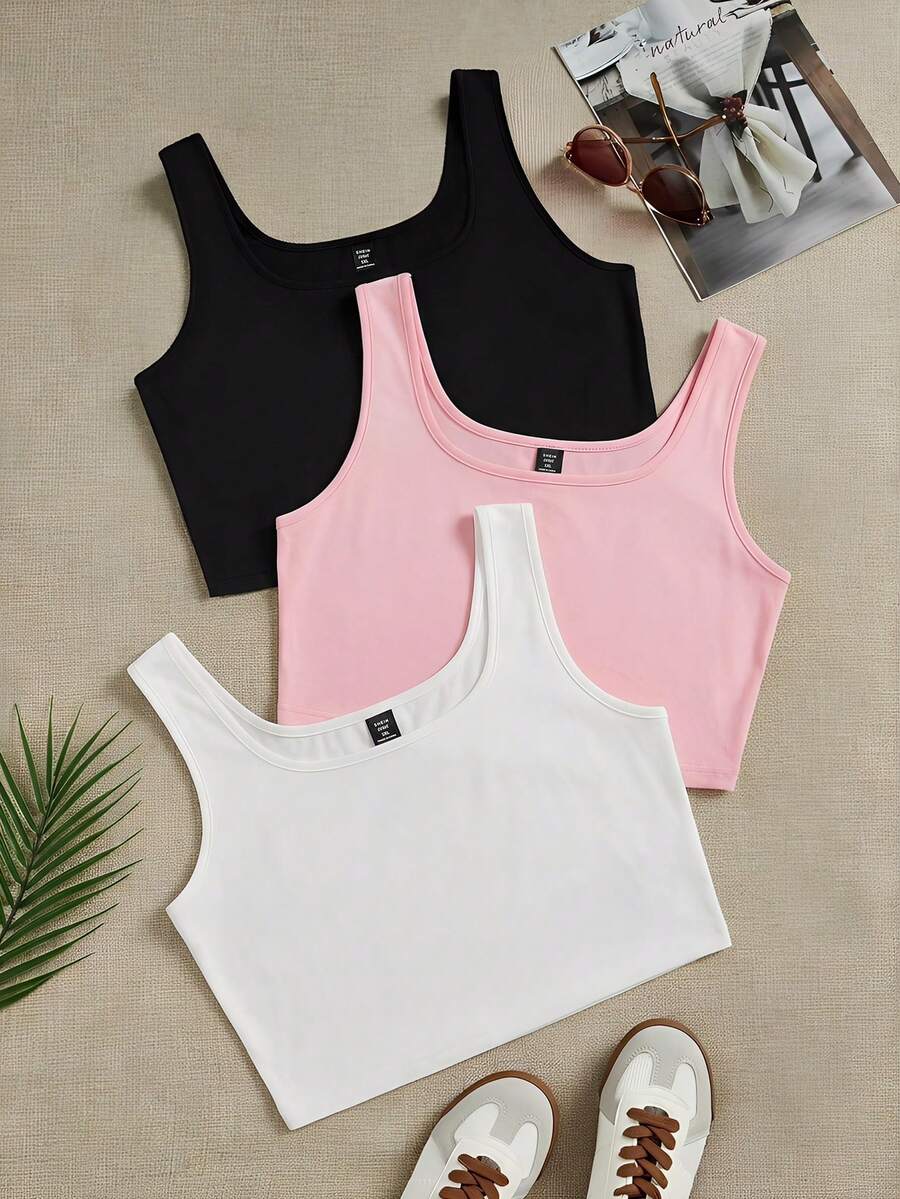 SHEIN EZwear 3件套加大码女式休闲纯色圆领背心，适合夏季穿着 - 彩色 - 查看 1
