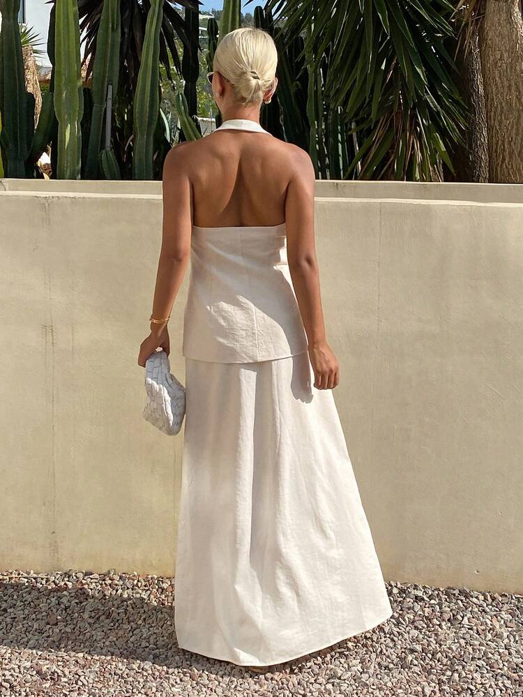 Women's Solid Color Halter Backless Top And Long Skirt Two Pieces Elegant Vacation Summer Set Lounge Sets For Women Short Sets For Women