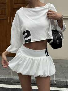 DAZY Contrast Color White Short Flared Skirt, Casual Sports Vacation Summer Skort For Women Tennis School - White - View 4