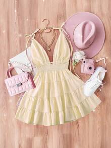 Everyssa Vestido de moda para mujer con volantes en el bajo y cintura con lazo, adecuado para citas - Albaricoque - Ver 2