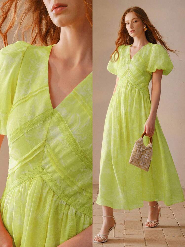 WOMEN'S CONTRAST LACE PUFF SLEEVE MID-LENGTH DRESS