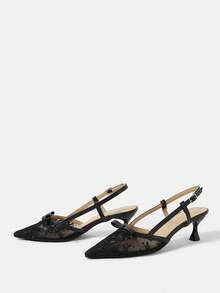 CUCCOO HITCHD Sapatos Femininos Apricot Laço de Renda Sapatos de Casamento Damas de Honra Bico Fino Banquete Salto Alto Vazio - Preto - Visão 3