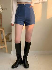 DAZY 女士休闲纯色高腰侧拉链短裤，夏季 - 藍色 - 查看 3