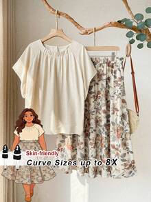 SHEIN CURVE+ 大码上衣和裙子，两件套，居家度假必备 - 彩色 - 查看 2