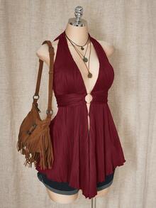 SHEIN ICON Plus Size Y2K Style Hollow Out Asymmetrical Hem Babydoll Halter Neck Knit Camisole - Burgundy - View 3