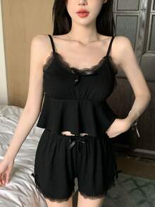 DAZY Lace Trimmed Bowknot Decorated Ruffle Hem Cami Top & Shorts Pajama Set - Black - View 6