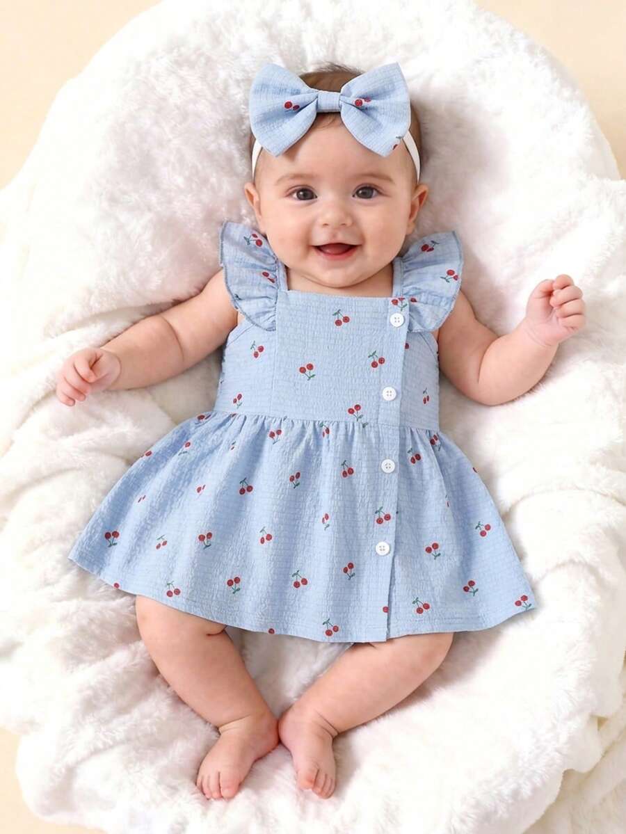SHEIN 2件套女婴/幼儿夏季无袖水彩印花连衣裙和发带套装 - 淺藍色 - 查看 1