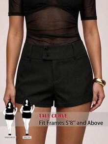 SHEIN Tall CURVE Plus Size Women Solid Color Button Casual Versatile Daily Wear Shorts - Black - View 1