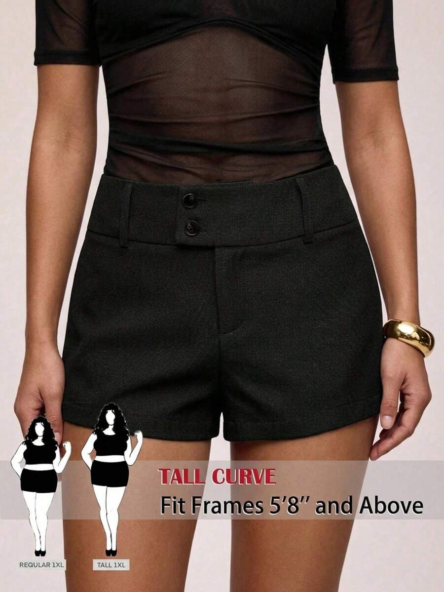 SHEIN Tall CURVE Plus Size Women Solid Color Button Casual Versatile Daily Wear Shorts - Black - View 1