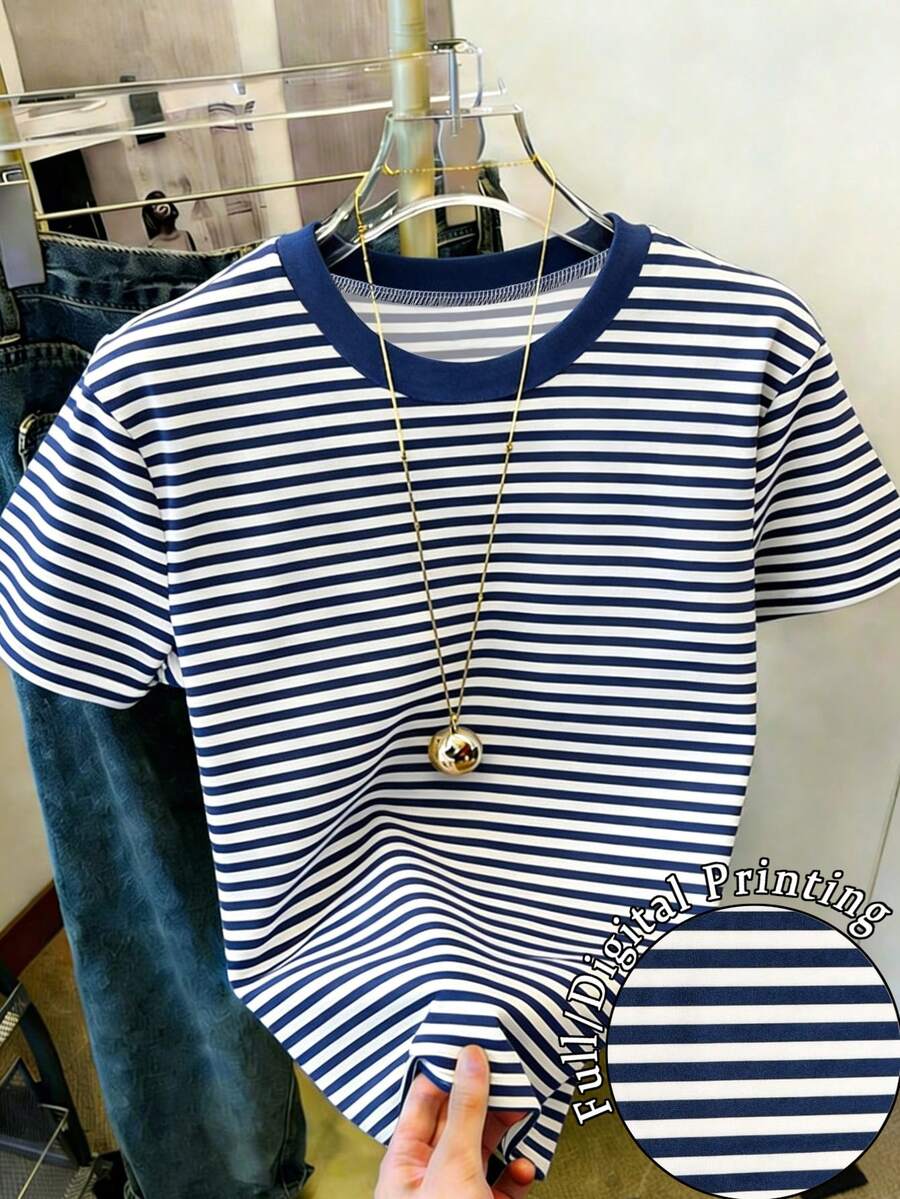 Resyla Women's Fashionable Versatile Striped Crew Neck Short Sleeve T-Shirt - Multicolor - View 1