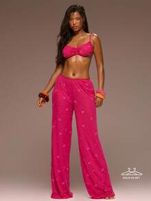 MUSERA Bộ đồ gồm áo lưới hai dây xếp ly đính sequin và quần ống rộng cạp thấp, thích hợp cho mùa xuân hè, đi nghỉ mát, đi chơi tối, dự tiệc, phong cách Golden Sands. - Màu Hồng Tươi - Xem 1