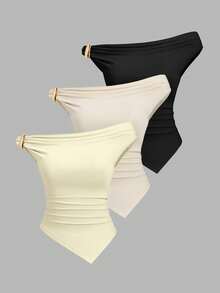 Sweetra 女士夏季欧美时尚纯色三件套，金属装饰扭结下摆不对称下摆修身休闲通勤百搭T恤 - 彩色 - 查看 1