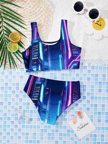SHEIN 少女休闲坦克背心式泳衣套装，适合夏季穿着，K-POP卡通女孩图案设计 - 彩色 - 查看 2