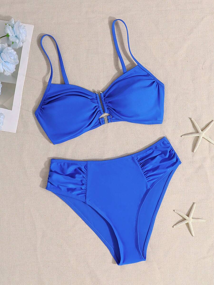 SHEIN 少女纯色U领金属装饰吊带泳衣和泳裤套装 - 藍色 - 查看 1