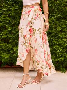 KARISMINA 女士碎花荷叶边下摆休闲百搭约会外出A字裙 - 杏色 - 查看 3