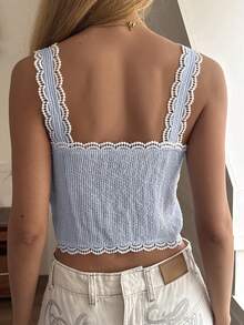 DAZY 女士蕾丝拼接格纹修身裹身开衩性感甜美可爱纯休闲街头风吊带背心，春夏款 - 藍色 - 查看 2