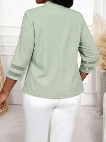 SHEIN Lady Áo khoác blazer nữ cỡ lớn thời trang, thanh lịch, thường ngày, phối lưới, thích hợp cho mùa thu/đông. Áo cardigan nữ dáng mở phía trước, màu xanh nhạt, tay áo lưới. - Màu xanh Bạc hà - Xem 2