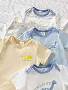 SHEIN 5pcs/Set Newborn Baby Cute Unisex Outfit, Romper + Pants + Hat, Summer - Multicolor - View 6