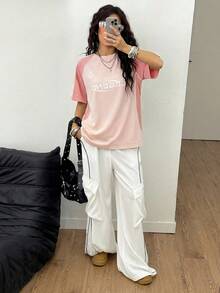 Coolane 女士夏季街头风 Y2K 酷炫活动字母印花撞色短袖蓝色T恤 - 淺粉色 - 查看 3