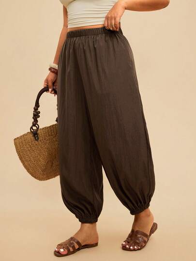 Travachic 大码女式休闲纹理纯色弹力腰七分裤，夏季长裤，嘉年华服装，墨西哥风女裤，波西米亚风女裤，棕色哈伦裤