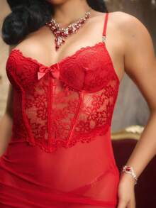 2pcs Set: 3D Floral Lace Robe + Fishbone Waist Design Lace Camisole Nightgown Red Lace Lingerie Lingerie Robe Set Red Lingerie Set Two Piece Lace Lingerie - Red - View 6