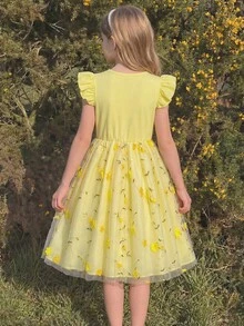 SHEIN Yellow Summer Cute Flower Girl Dress,Girls' Forest Style 3D Floral Embroidery Tulle Princess Dress For Wedding,Easter,Birthday Party,8-14 Years Old - Green - View 2