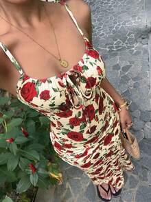 Sunnyshic Đầm maxi dáng đuôi cá ôm sát, thắt nơ phía trước, họa tiết hoa hồng đỏ lãng mạn dành cho nữ. - Nhiều màu - Xem 3