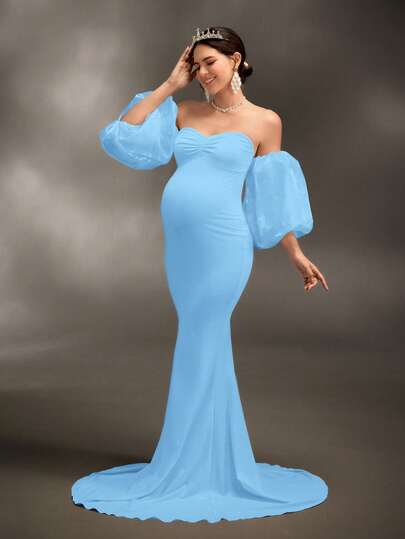 Cheriluna Maternity Maternity Photoshoot Dress/Elegant Party Dress/Baby Shower Dress - Bodycon Knit Dress With 3D Sleeve, Sweetheart Neckline And Ruched Detail