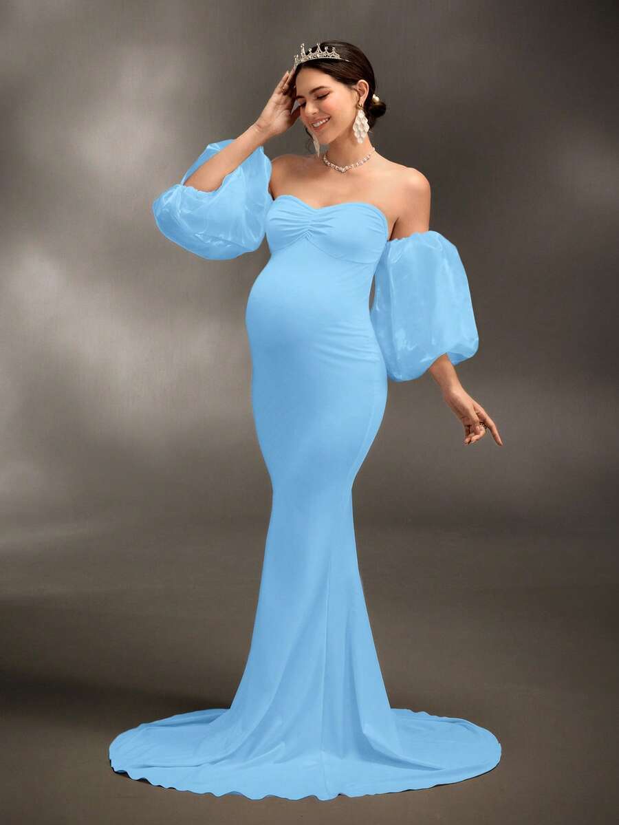 Cheriluna Maternity 孕妇写真礼服/优雅派对礼服/迎婴派对礼服 - 修身针织连衣裙，配有3D袖子、心形领口和褶皱细节 - 淺藍色 - 查看 1