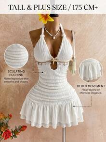 SHEIN Tall CURVE Đầm hở lưng cổ yếm, kiểu dáng thường ngày, cỡ lớn, thích hợp cho kỳ nghỉ, với mặt dây chuyền hình sao biển. - trắng - Xem 1