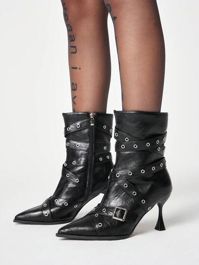 ROMWE Giày bốt cao gót mũi nhọn kiểu Gothic mới năm 2026 dành cho nữ, thiết kế khóa tròn, kiểu dáng thanh lịch, thích hợp cho mọi mùa. Giày bốt cổ ngắn thời trang dành cho nữ, gót mỏng.