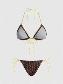 ROMWE Avant Conjunto de bikini de lunares y cuadros retro para mujer, adecuado para salidas, vacaciones, festivales de música, fiestas en la piscina, carnavales y otras ocasiones de verano en la playa - amarillo parduzco - Ver 3