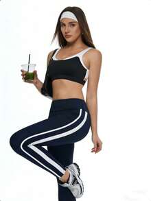 Eassivo 2pecs Women's High‑Waist Compression Leggings With Double White Side Stripes - Tummy‑Control, Four‑Way Stretch, Moisture‑Wicking Yoga & Running Pants In Navy And Black - Navy Blue - View 6