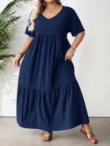 SHEIN CURVE+ 大码长款沙滩度假连衣裙 波西米亚风 夏季/乡村/沙滩度假装/沙滩装/沙滩服饰 - 藏蓝色 - 查看 4